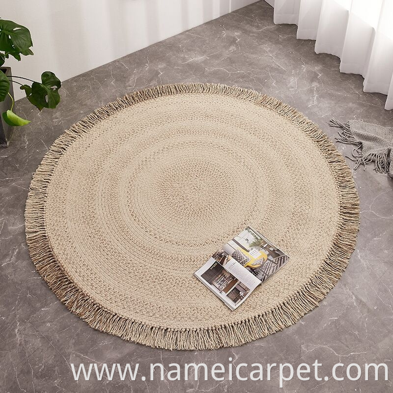 Round Wool Braided Living Room Rug With Tassels